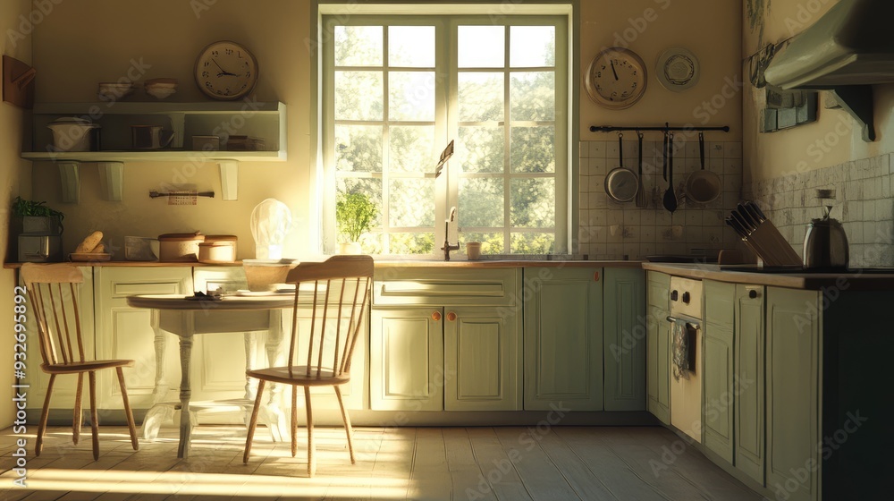 Fototapeta premium An empty kitchen with a single, untouched chair at the breakfast table, symbolizing someone's absence.