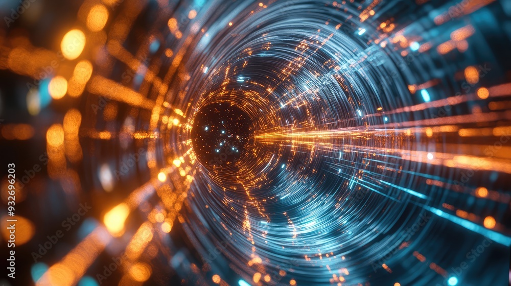 Obraz premium Close-up of a high-tech particle collider with quantum shadows and glowing trails, depicting the complexity of quantum interactions.