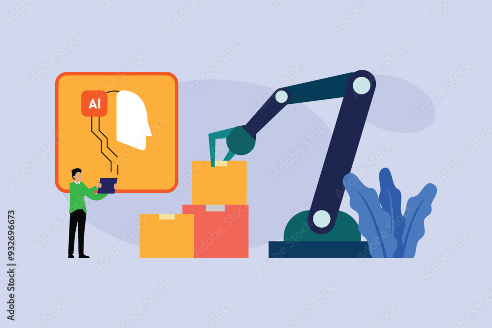 Industry 4.0 factory works robotic arm. Smart industrial revolution 2d flat vector illustrations Industry 4.0 factory works robotic arm. Smart industrial revolution 2d flat vector illustrations