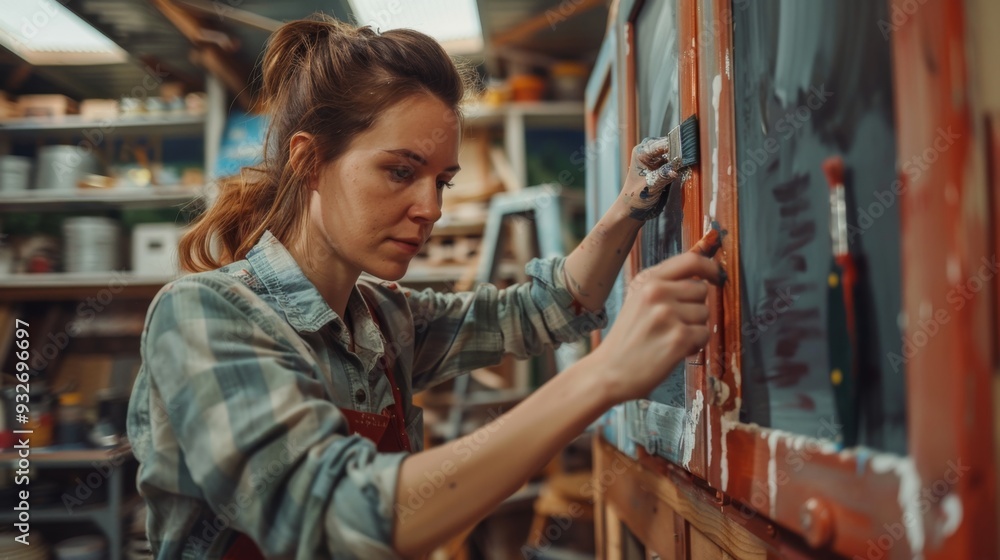 Woman painting wooden furniture. Woman painting wooden furniture.