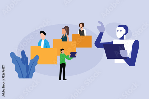 A robot instructs a group of diverse individuals in a digital workspace 2d flat vector illustrations