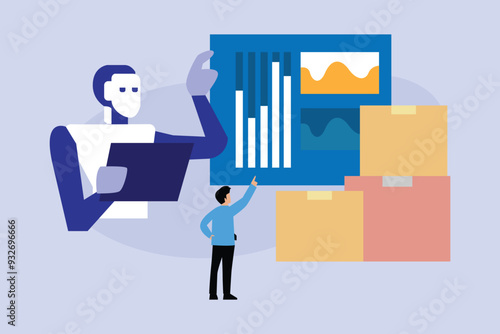 Robot driven data analytics dashboard 2d flat vector illustrations