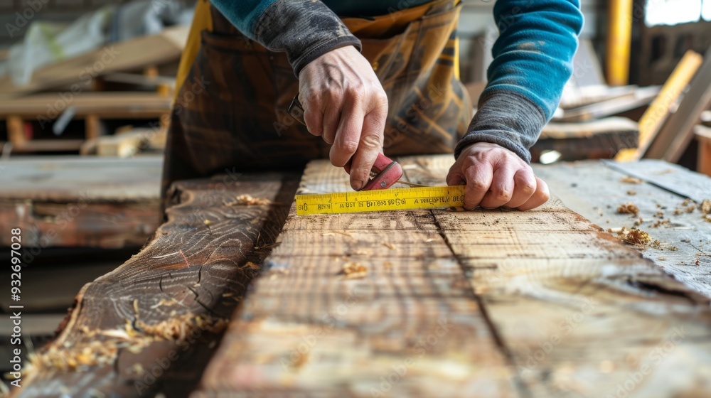 Carpenter measuring wood. Carpenter measuring wood.