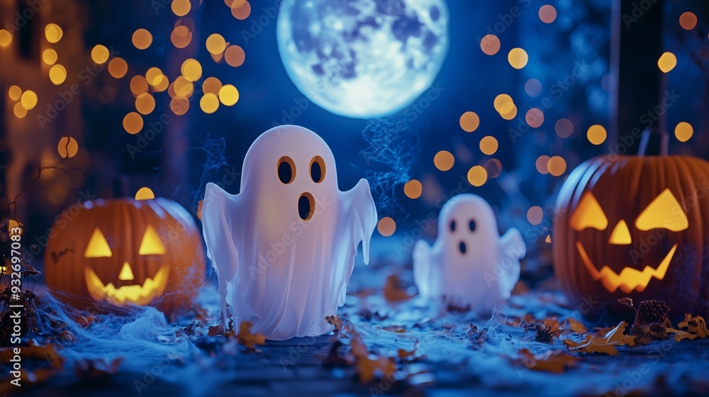 Cute Halloween ghost decorations among pumpkins under the moonlight, surrounded by bokeh lights and fallen leaves. Cute Halloween ghost decorations among pumpkins under the moonlight, surrounded by bokeh lights and fallen leaves.