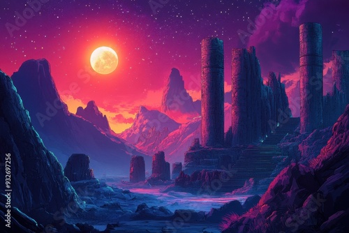 Ruins of a Forgotten City Under a Full Moon