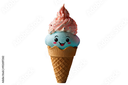 Funny face ice cream cone isolated white.