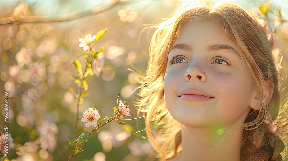 beautiful young girl in the middle of blooming flower trees in orchard young girl spending time outdoors in nature springtime beautiful young girl in the middle of blooming flower trees in orchard young girl spending time outdoors in nature springtime