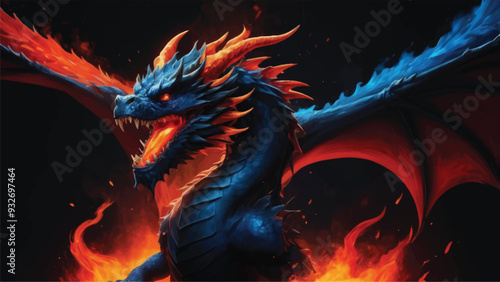 Illustration of a blue fired dragon in black background 