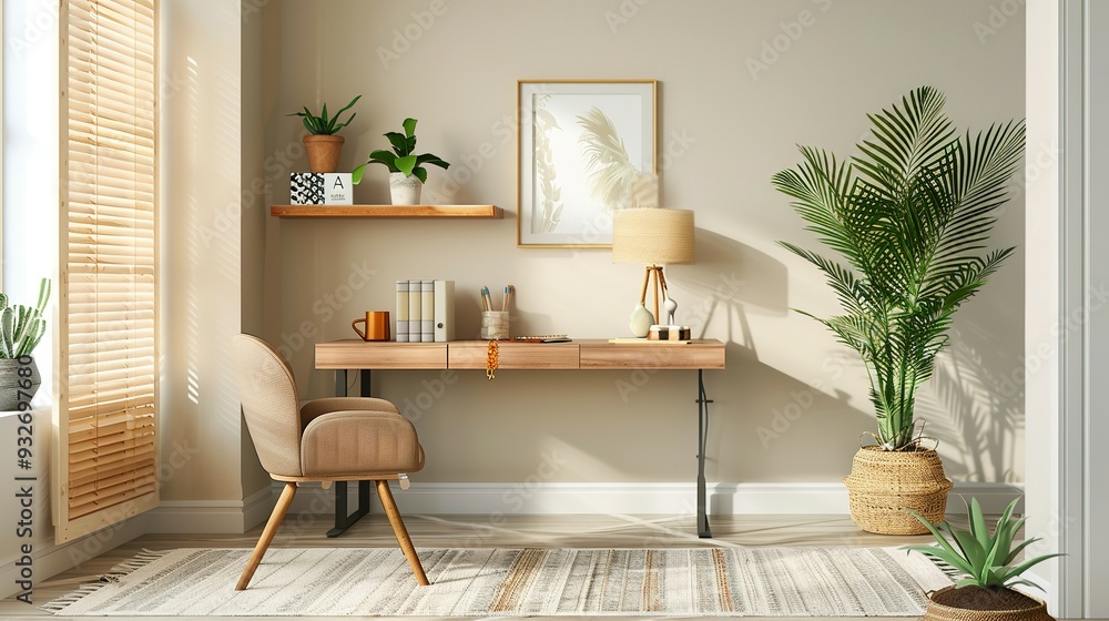 Minimalist Home Office Design Featuring a Wooden Desk, Decorative Items, Chair, and Potted Plants. A Doorway Leads to a Cozy Adjoining Room. Home Decor Minimalist Home Office Design Featuring a Wooden Desk, Decorative Items, Chair, and Potted Plants. A Doorway Leads to a Cozy Adjoining Room. Home Decor