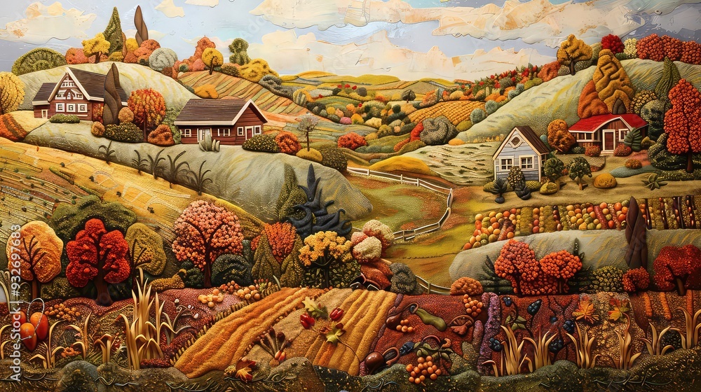 A detailed, textured, and colorful autumn landscape with three houses and a white fence. It is likely a collage using natural materials such as leaves and bark. A detailed, textured, and colorful autumn landscape with three houses and a white fence. It is likely a collage using natural materials such as leaves and bark.