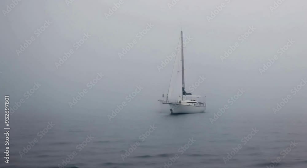 Panoramic View of Sailboat Drifting on Foggy Sea Panoramic View of Sailboat Drifting on Foggy Sea