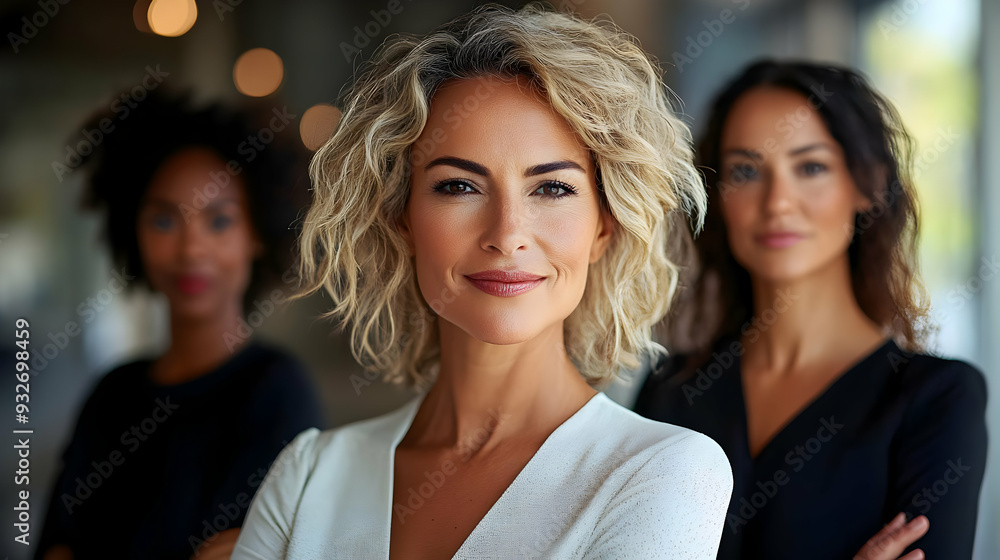 Obraz premium Three confident women posing together in a professional setting.