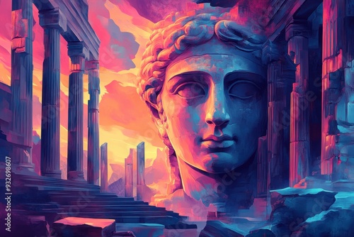 A Sculptural Face Emerging from Ancient Ruins under a Vibrant Sky