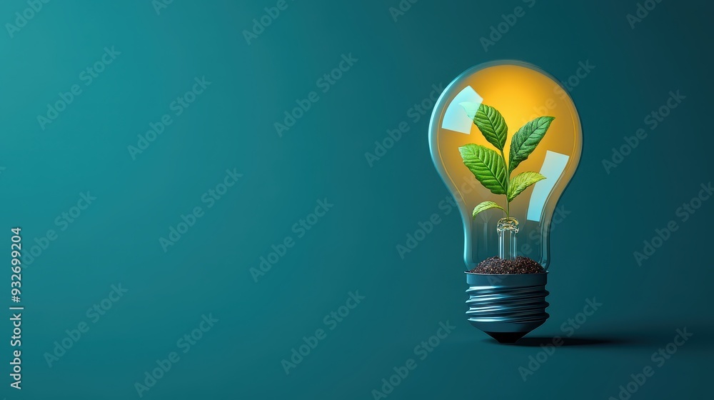 Green Plant Growing Inside Light Bulb on Teal Background Green Plant Growing Inside Light Bulb on Teal Background