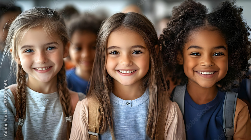 Three smiling children with backpacks in a cheerful setting. Three smiling children with backpacks in a cheerful setting.