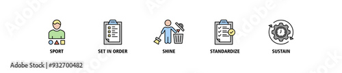 5s banner web icon set vector illustration for lean manufacturing methodology of cleaning organization system with sort, set in order, shine, standardize, and sustain icons symbol and easy to edit