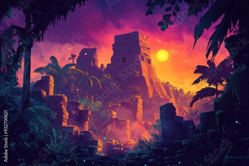 Ancient Ruins at Sunset with Lush Tropical Foliage