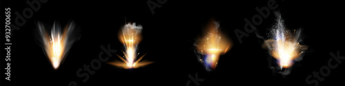 Gun flashes with smoke and fire sparkles. Pistol shots clouds, muzzle shotgun explosion. Blast motion, weapon bullets trails isolated on black background.