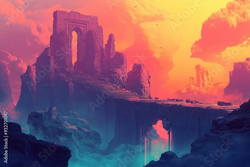 Ruined Stone Structure With Stairway Leading to a Gateway in a Fantasy Landscape