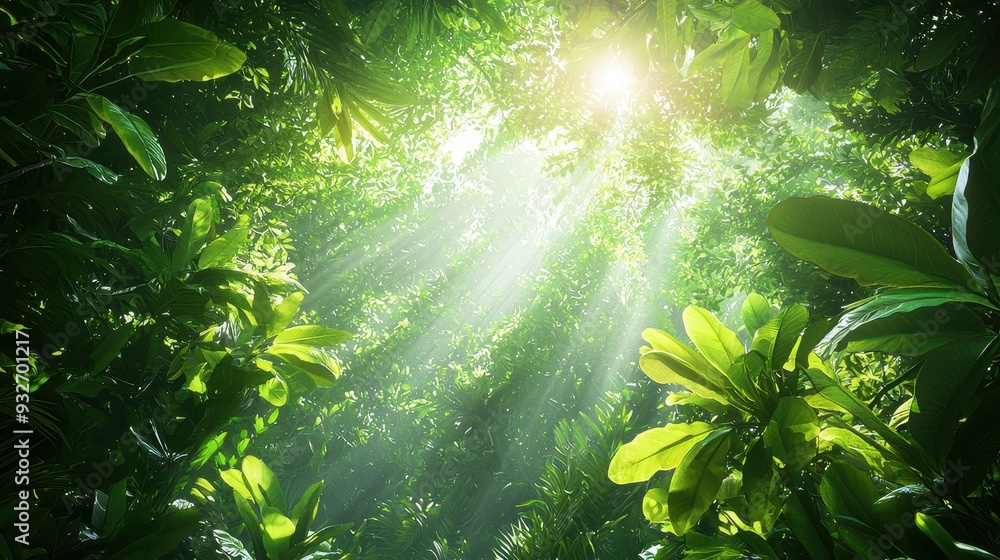 Fototapeta premium Sunlight Through Lush Green Tropical Rainforest Canopy