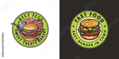 Fast food vintage hand-drawn logo design vector for a restaurant or cafe. photo