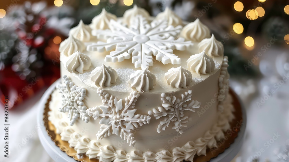 A white cake with intricate snowflake designs sits on a silver cake stand, surrounded by a blurred background of warm lights and decorations. A white cake with intricate snowflake designs sits on a silver cake stand, surrounded by a blurred background of warm lights and decorations.