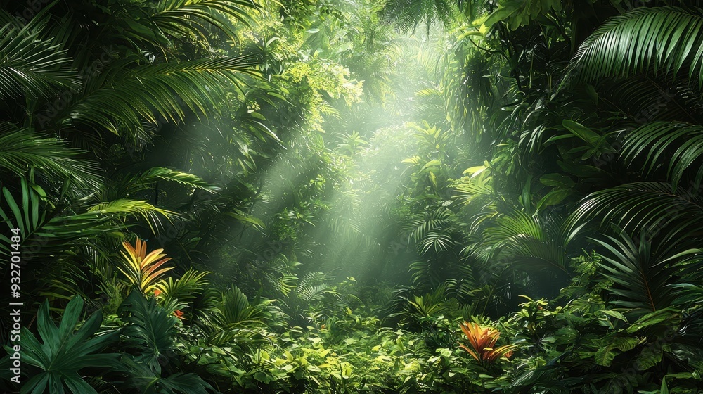Obraz premium Lush Tropical Rainforest with Sunbeams