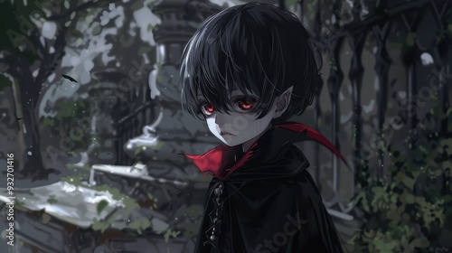 An anime kid boy, disguised as Dracula, gazes into the distance in a dark, atmospheric graveyard setting at night