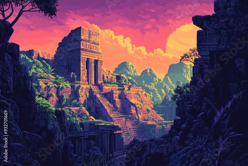 Ancient Stone Temple Ruins in a Lush Tropical Landscape