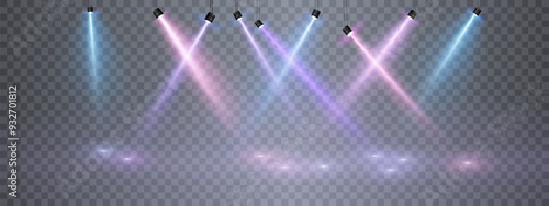 Stage lighting with LED strobe spotlights. Laser light show. Empty stage before the performance. Spotlights on a transparent background.