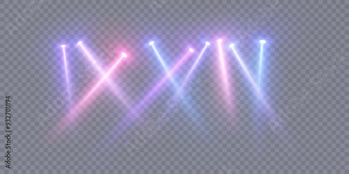 Stage lighting with LED strobe spotlights. Laser light show. Empty stage before the performance. Spotlights on a transparent background.