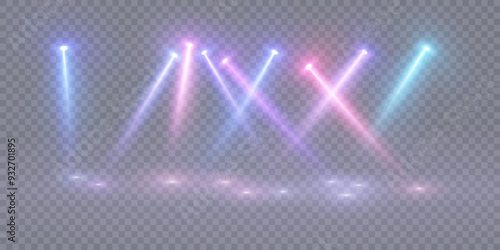 Stage lighting with LED strobe spotlights. Laser light show. Empty stage before the performance. Spotlights on a transparent background.