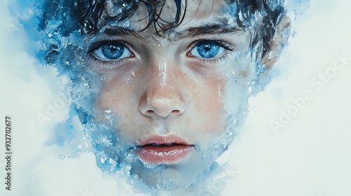 Intense Blue-Eyed Portrait of a Boy in Watercolor, Emotional Expression with Soft Ice-Like Effects and Detailed Artistic Rendering