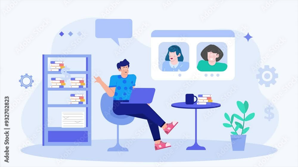 A person engages in virtual meeting at stylish home office surrounded by books and plant illustration business animated video A person engages in virtual meeting at stylish home office surrounded by books and plant illustration business animated video