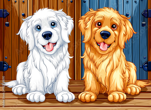 Two dogs, one white and one brown, are sitting on a wooden floor. They are both smiling and looking at the camera photo