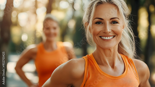 Two smiling women in orange...