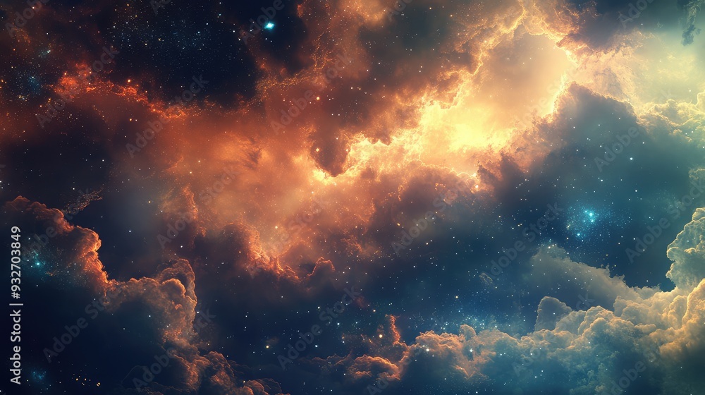 Fototapeta premium Conceptual design of interstellar clouds with subtle, nebulous traces of energy and particles in a dreamy setting.