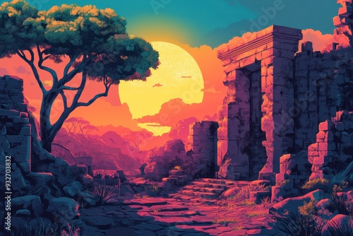 Sunlit Ruins with a Tree and a Stone Path