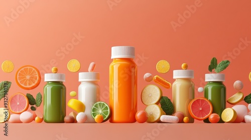 Vibrant display of fruit juices in colorful bottles, surrounded by fresh fruits and herbs on a peach background.