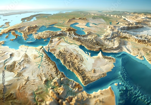 3d map of the middle east, accurate topography, high resolution, accurate features, accurate borders, no text or numbers on it, photo