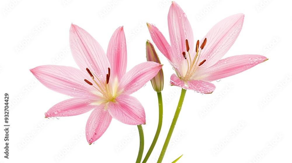 Two pink lilies with water drops on petals, isolated on white background. Two pink lilies with water drops on petals, isolated on white background.