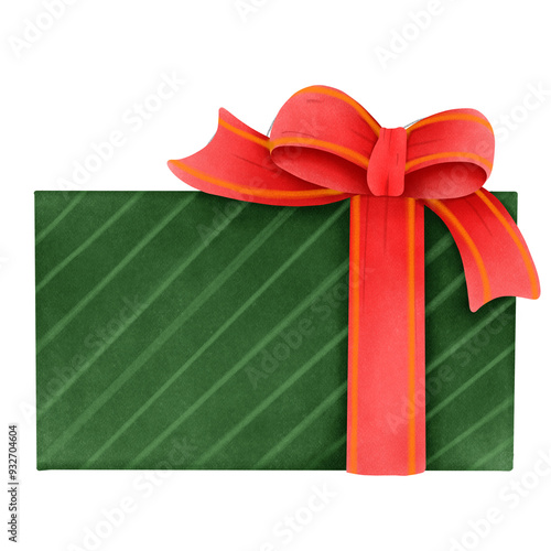 Green gift box with red ribbon