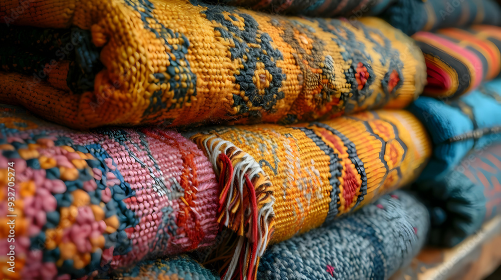 Closeup of Stacked Colorful Woven Rugs Closeup of Stacked Colorful Woven Rugs