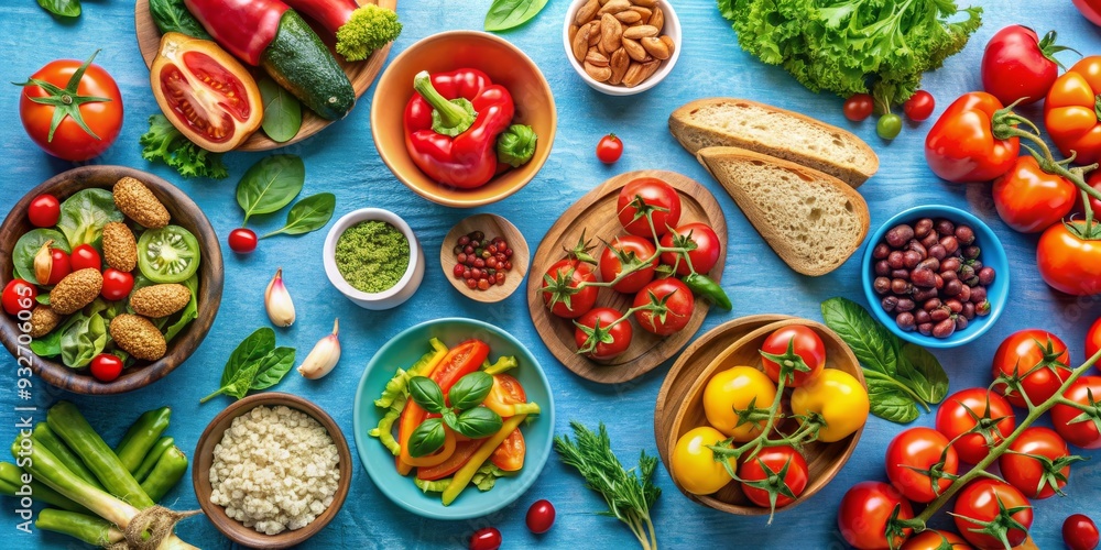Top View of a Colorful Vegetable and Salad Composition on a Blue Wooden Background, Food Photography, Vegetarian, Healthy, Ingredients , Food Photography , Vegetarian Top View of a Colorful Vegetable and Salad Composition on a Blue Wooden Background, Food Photography, Vegetarian, Healthy, Ingredients , Food Photography , Vegetarian