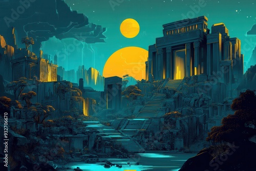Ancient Temple Ruins Under a Double Moon in a Mystical Landscape