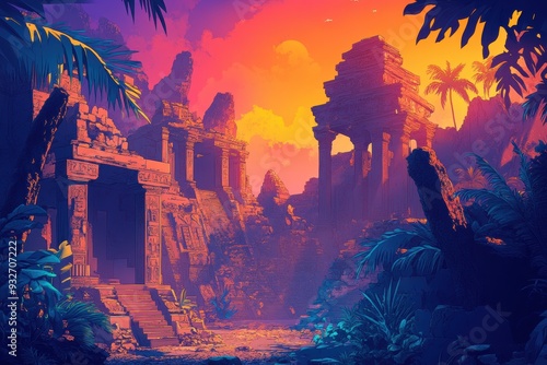 Ancient Ruins Overgrown with Lush Tropical Foliage Under a Vivid Sunset Sky