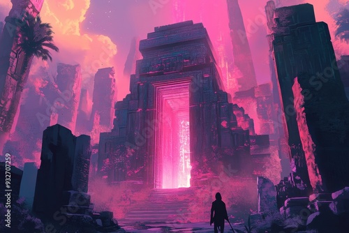 A lone figure approaches a glowing doorway in a crumbling, pink-hued temple complex.