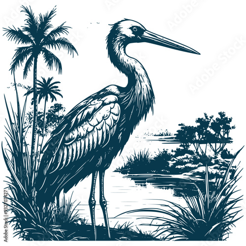 Aesthetic Stork Silhouette Graphic Nature Scenery Vector Illustration