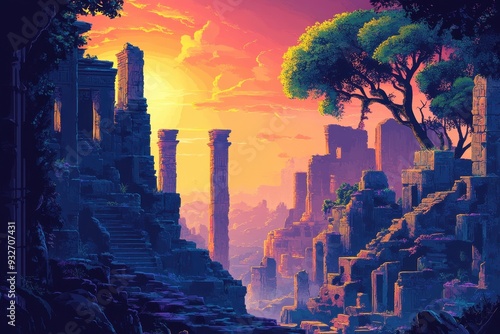 Ancient Stone Ruins at Sunset with a Tree in the Foreground