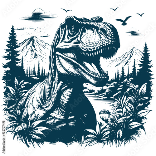 Aesthetic T-Rex Silhouette Graphic Nature Scenery Vector Illustration